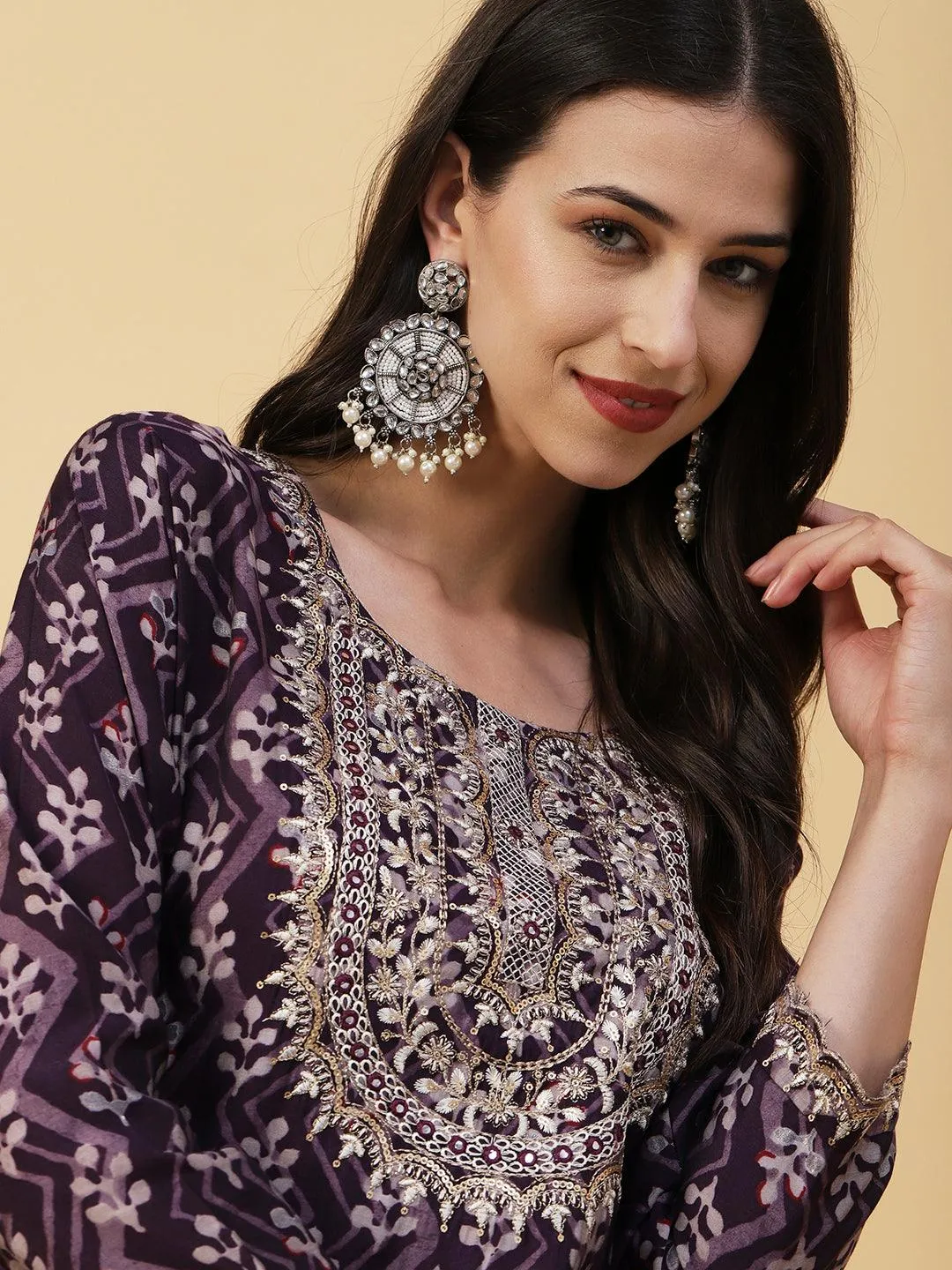 Ethnic & Chevron Batik Printed Mirror, Zari & Sequins Embroidered Kurta - Dark Mauve
