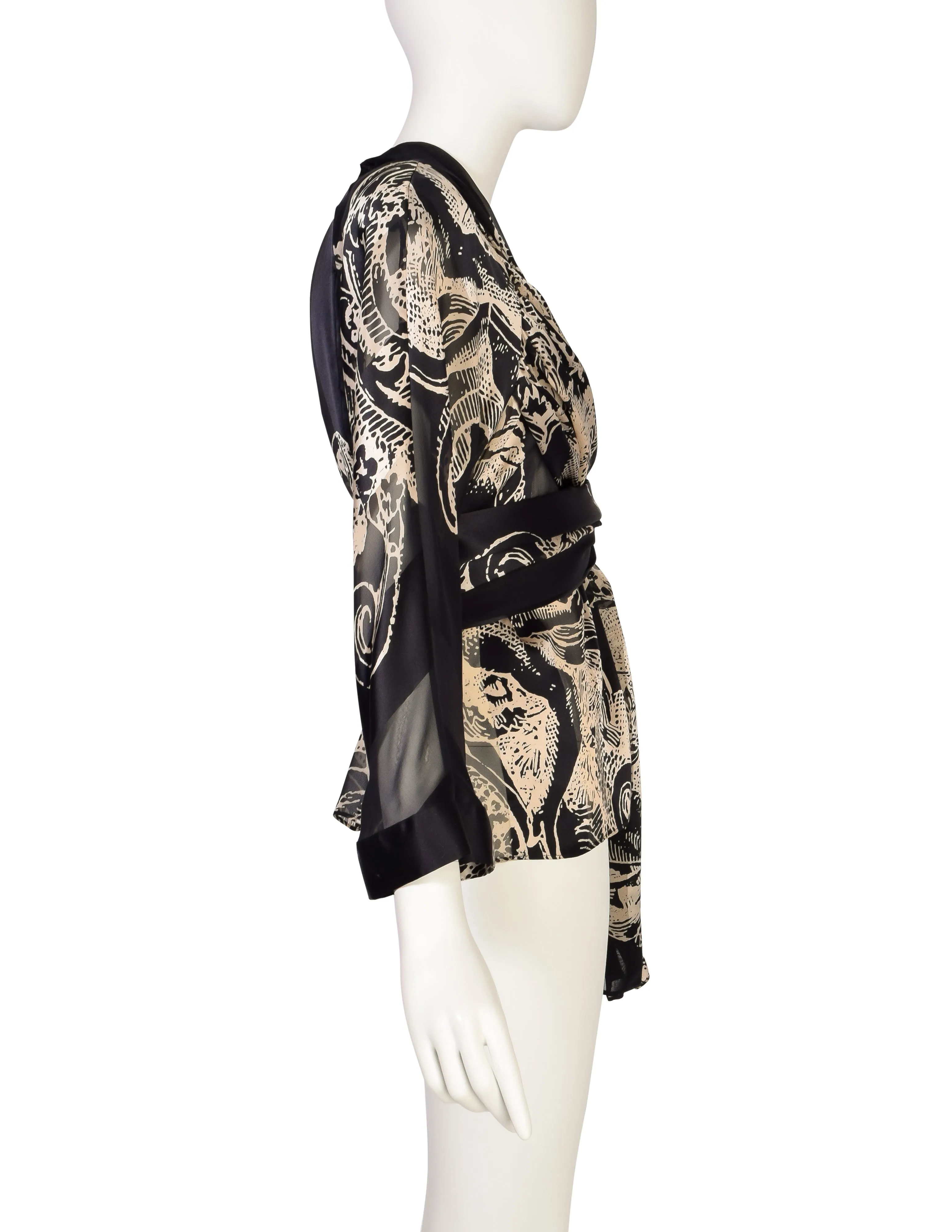 Gianfranco Ferre Vintage Black Cream Baroque Print Striped Silk Draping Scarf Top