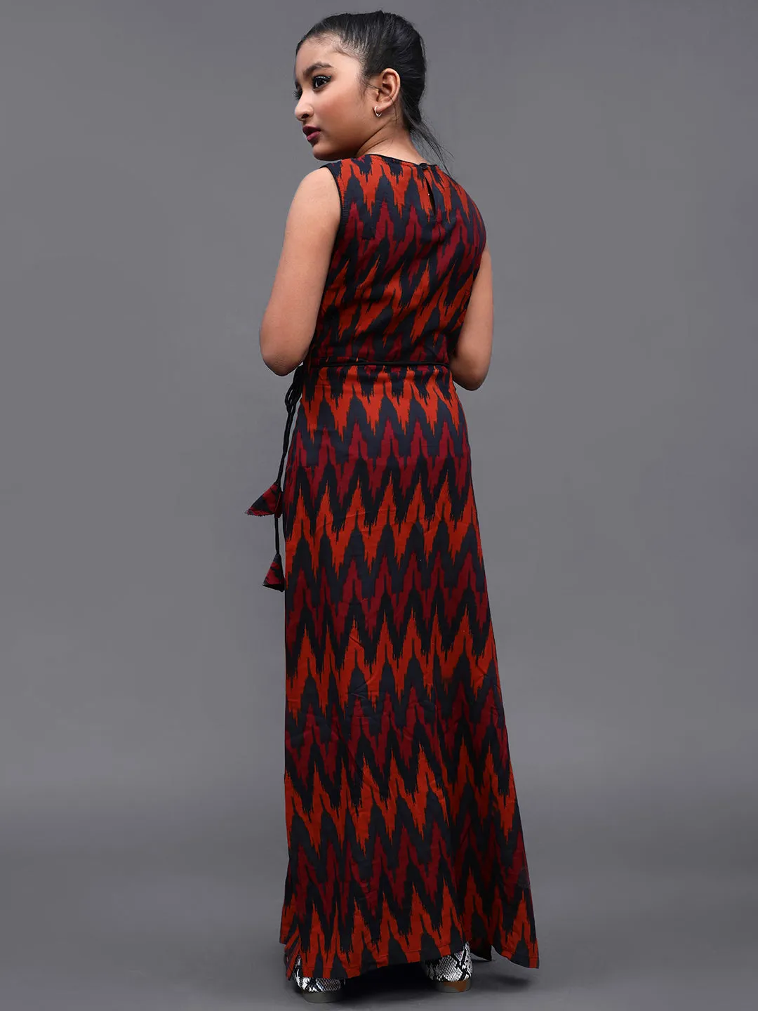 Girl's Black & Red Ikat Printed Maxi Dress - Aks Girls