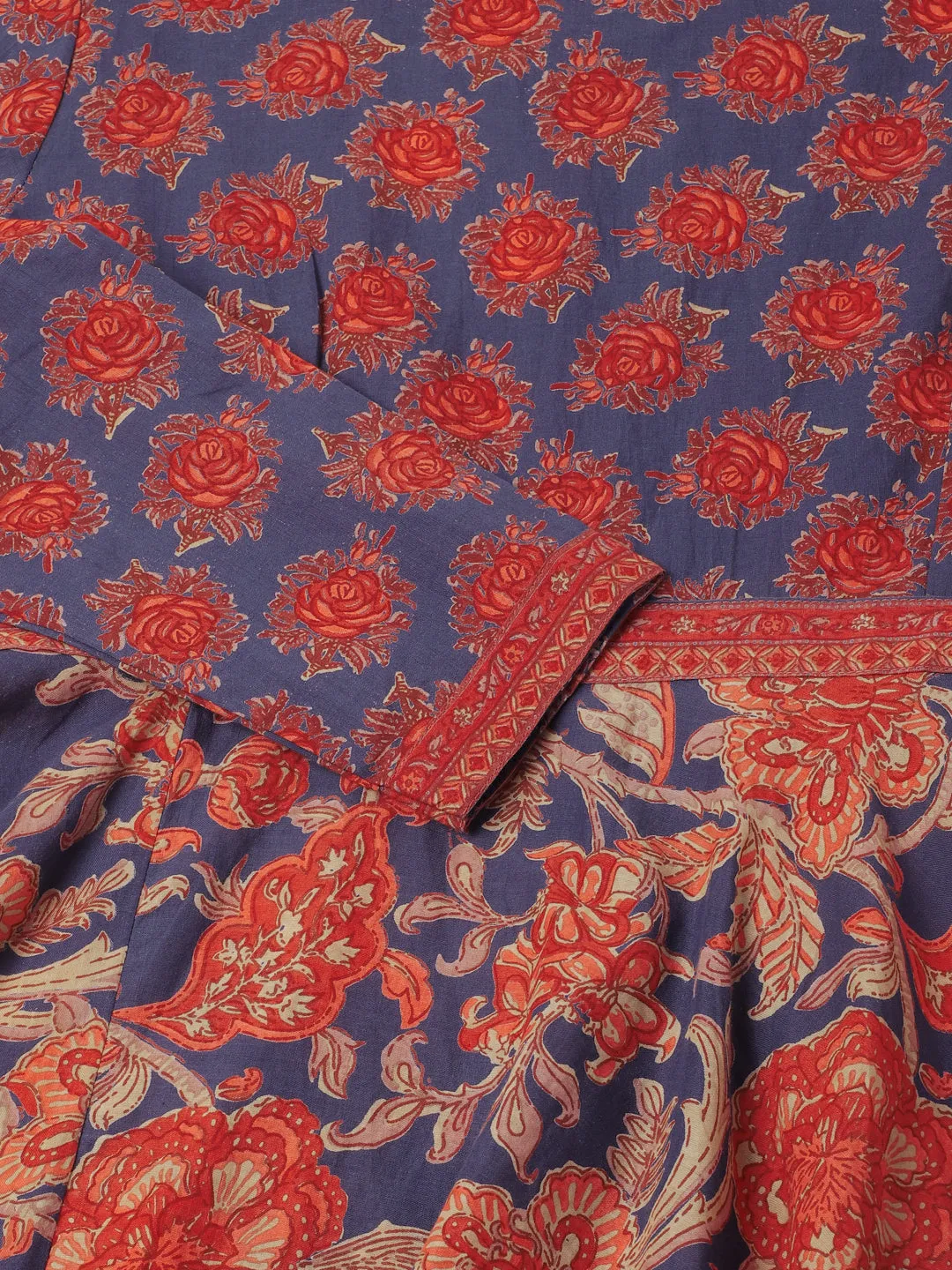 Jashvi Blue Maroon Floral Printed Cotton Ethnic Long Kurta for Women