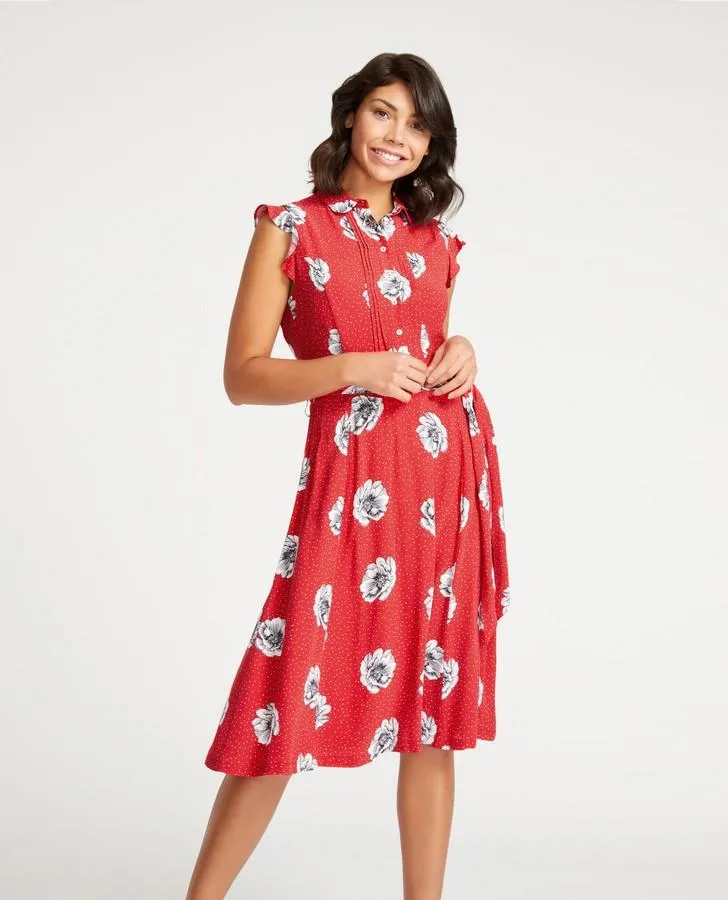Red Dotty Floral Fit and Flare Dress