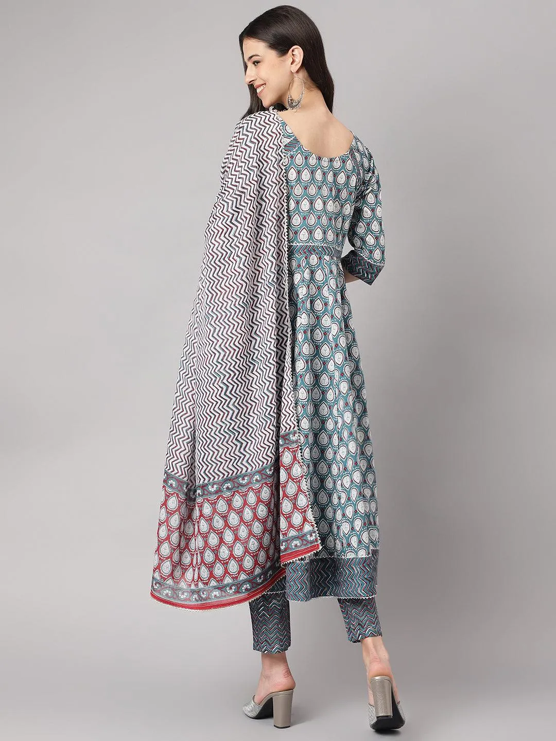 Turquoise Blue Cotton Anarkali Kurta Pant Set With Dupatta